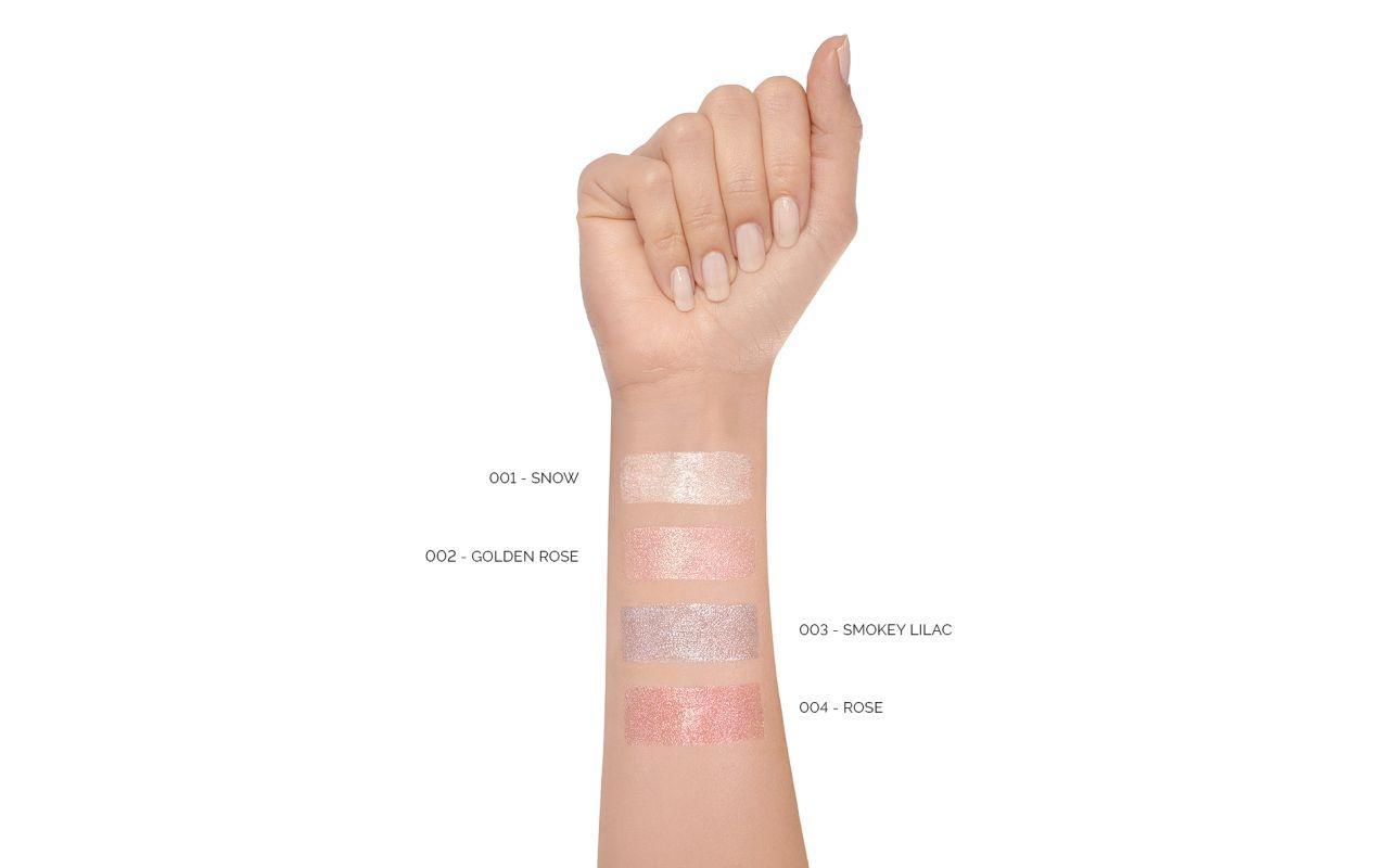 pupa-vamp-ombretto-liquido-003 Swatch di ombretto liquido Vamp 003 applicato su pelle con etichette