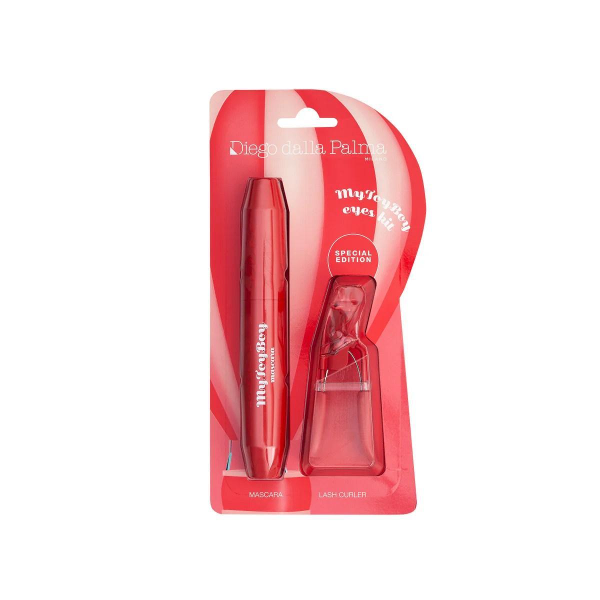 Kit Mytoyboy Mascara + Piegaciglia Rosso kit mascara mytoyboy e piegaciglia, confezione aperta con prodotti in primo piano